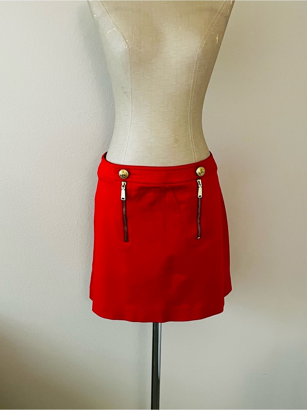 Express Red Mini Skirt with Front Zippers and Gold Buttons